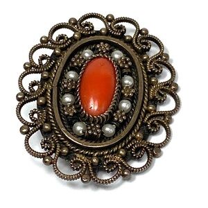 925 Israel Sterling Silver Brooch Coral Faux Pearl Gold Gilt Vintage 10.30g